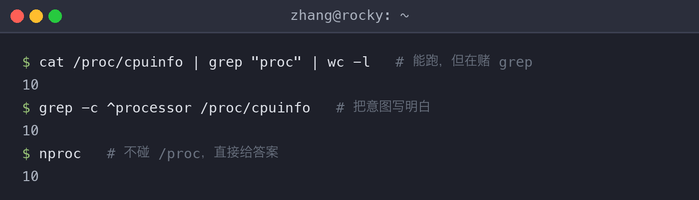 Three CPU core counting commands compared